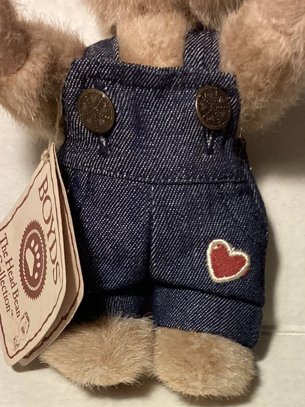 Boyd’s 6” Bear head bean Jimmy T Bear Denim Overalls with Heart patch - Picture 7 of 8